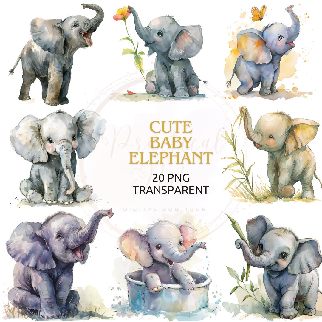 Adorable Baby Elephant Pngs, Cute Animal Clipart, Watercolor Elephant ...