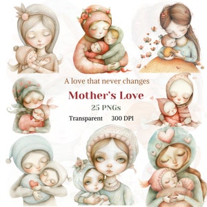 Clip Art Amore della mamma, Grafica per la festa della mamma, Acquerello adorabile mamma PNG, Disegno mamma bambino, Immagine amore genitori, Futura mamma, Download digitale