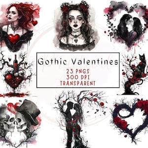 Gothic Valentines ClipArt Transparent PNG Graphic Watercolor Fantasy Image Haunting Couple Artwork Red Rose Illustration Dark Romance Design