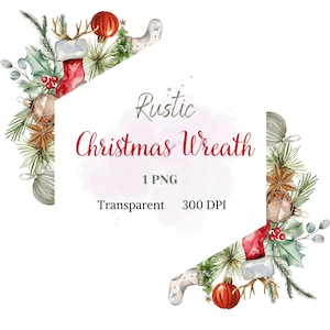 Könnte beinhalten: Eine Aquarell-Illustration eines rustikalen Weihnachtskranzes mit Grün, roten Beeren, Ornamenten und einem Strumpf. Der Kranz ist von einem weißen Sechseck mit dem Text "Rustic Christmas Wreath", "1 PNG", "Transparent" und "300 DPI" umgeben.