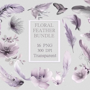 Elegant Floral Feather ClipArt Transparent Watercolor PNG Dreamy Purple Flower Graphic Butterfly Bird Drawing Delicate Lilac WallArt Image