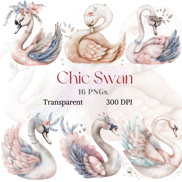 Chic Swans Clipart Adorable Bird Image Transparent PNG Girl Baby Shower Graphic Nursery Decor Drawing Cute Card Art Feather Sublimation