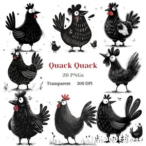 Chicken Clipart, Silhouette Black and White Hen PNG, Funny Cute Simple Hen Image, Roaster Chicken Illustration, Feather Digital Download