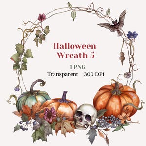 Könnte beinhalten: Ein Halloween-Kranz mit einem Schädel, Kürbissen und Blättern. Der Kranz besteht aus Ranken und hat eine Fledermaus, die daran hängt. Der Text "Halloween Wreath 5" steht in der Mitte des Kranzes.