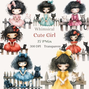 Whimsical Cute Girl Clipart, Adorable Girl With Cat Image, Watercolor Curly Hair Girl PNG, Messy Hair Graphic, Junk Journal Drawing, Fence
