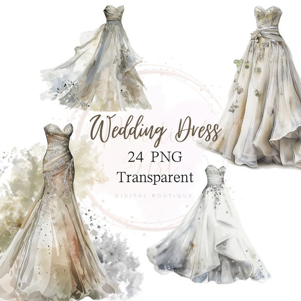 18 Elegant Wedding Dress Watercolor Transparent PNG Bridal Gown Graphic Bridal Shower Drawing Luxury Prom Illustration White Silver Outfit