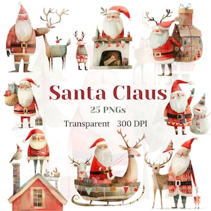 Santa Claus Clipart aquarel transparant grillige Santa grafische Noel Winter tekening kerst schoorsteen rendieren afbeelding digitale download