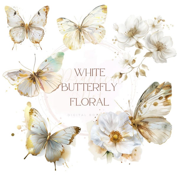 21 Butterfly and White Flower ClipArt Transparent PNG Watercolor Wild Floral Graphic Pretty Insect Image Golden Glittering Art Wings Drawing