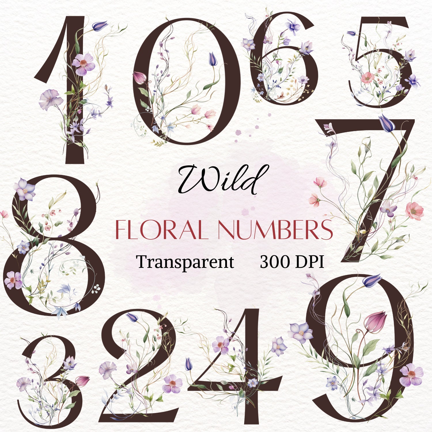 Wild Floral Numbers Clipart Watercolor Transparent Spring Flower ...
