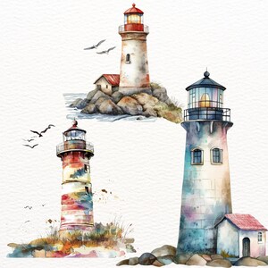 May include: Watercolor illustration of three lighthouses. One is red and white, another is multi-colored, and the third is blue and gray. Each lighthouse is set on a rocky base with small buildings. Seagulls are flying in the sky.