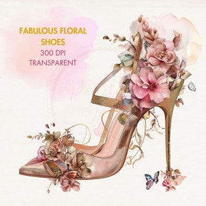 4 favolose scarpe floreali ClipArt PNG trasparente Acquerello tacco Grafica Fantasy Petalo Fiori Disegno Illustrazione di abiti da ballo di fine anno