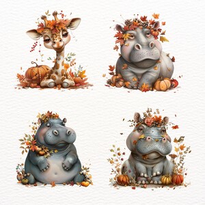 Pu&ograve; includere: Quattro adorabili illustrazioni di animali con temi autunnali. Una giraffa con una corona di foglie e zucche, un ippopotamo con una corona di foglie e zucche, un ippopotamo con una corona di foglie e un uccello, e un ippopotamo con una corona di foglie e zucche.
