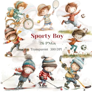 Sportieve jongen clipart, aquarel speelse jongen PNG, actieve buitensport afbeelding, vrolijke schattige kind afbeelding, kleine jongen tekening, digitale download kunst