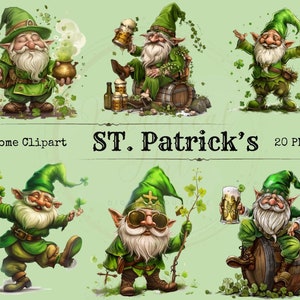 Könnte beinhalten: Eine Sammlung von sechs digitalen Illustrationen von St. Patrick's Day-Zwergen. Die Zwerge sind in verschiedenen Posen dargestellt, tragen grüne Outfits und Hüte und halten Gegenstände wie Bierkrüge und Kleeblätter. Der Text "Gnome Clipart" und "ST. Patrick's 20 PNG" ist ebenfalls vorhanden.