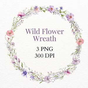 Coroa de flores silvestres Clipart floral pré-fabricado moldura aquarela PNG deixar imagem de flor para cartão de casamento primavera verão prado arte download digital