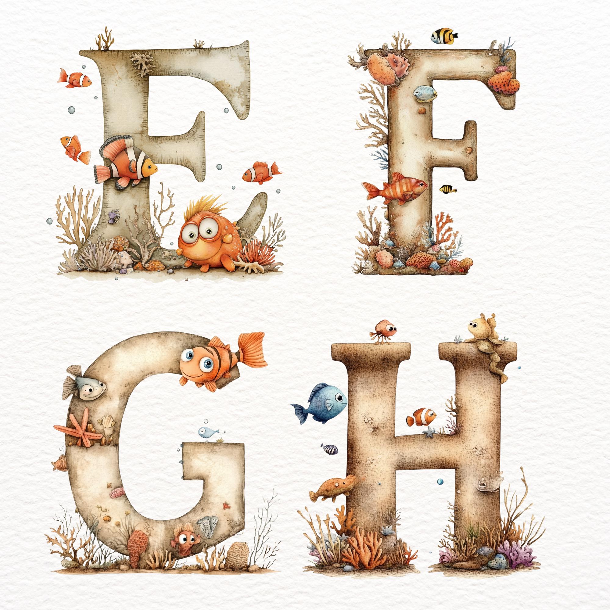 Nautical Alphabet Clipart, Watercolor Ocean Letters Image, Deep Sea ...