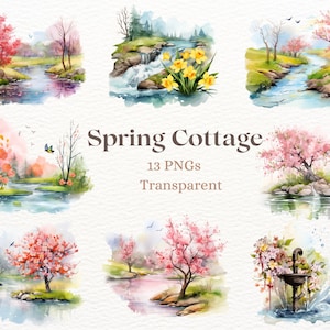 Spring Cottage Clipart, Watercolor Spring Landscape PNG, Stream River Tree Graphic, Grass Leave Bird Flower Illustration, Digital Download