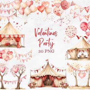 Valentine Party clipart Akwarela miłość grafika na Walentynki obraz balonu do projektowania karty Dekoracja flagi Serce Rysunek cyfrowy do pobrania
