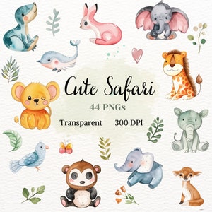 Lindo Safari Clipart Selva Animal Imagen Acuarela Transparente PNG Baby Shower Gráfico Vivero Decoración Dibujo Planificador de Fiesta Arte Bosque