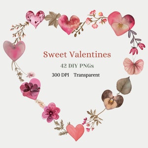 Dulce San Valentín ClipArt Acuarela Corazón Flores DIY Gráfico Rosa Corazón Imagen de Corazón Individual para Tarjeta Romántica Elaboración Descarga Digital