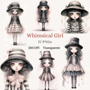 Fille fantaisiste Clipart Fille adorable avec chapeau Image aquarelle Transparent PNG Noir Gothique Graphique Fantaisie Junk Journal Dessin Éphémère