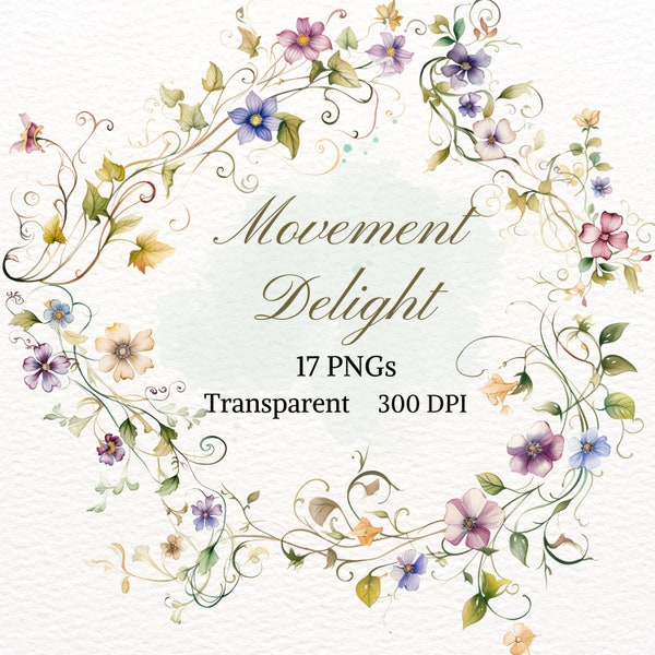 Movement Delight Clipart Wild Flower Graphic Pretty Watercolor Drawing Corner Border PNG Spring Summer Floral Image Decorative Arrangement