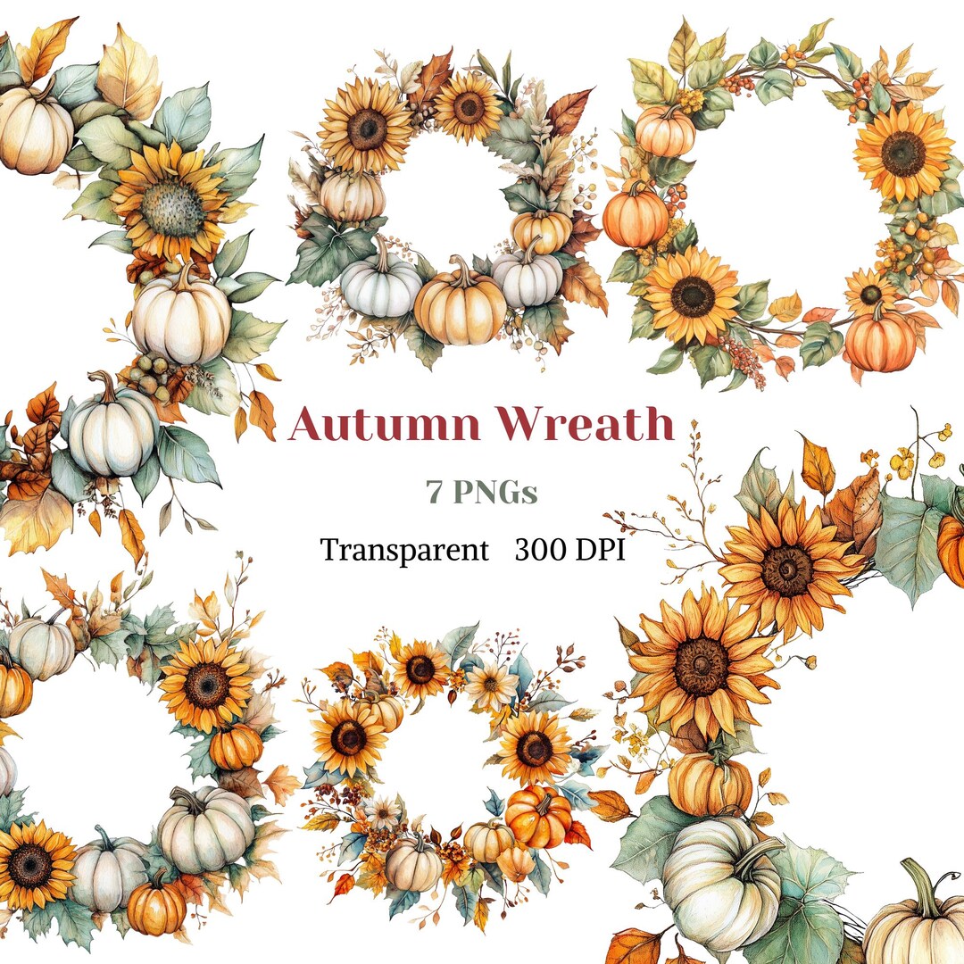 Autumn Wreath Clipart, Watercolor Halloween Pumpkin Deco PNG, Fall ...