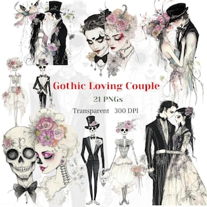 Gothic Loving Couple Clipart, Valentine Couple Image, In love Partners Graphic, Boyfriend Girlfriend Art, Gothic Valentines Digital Download