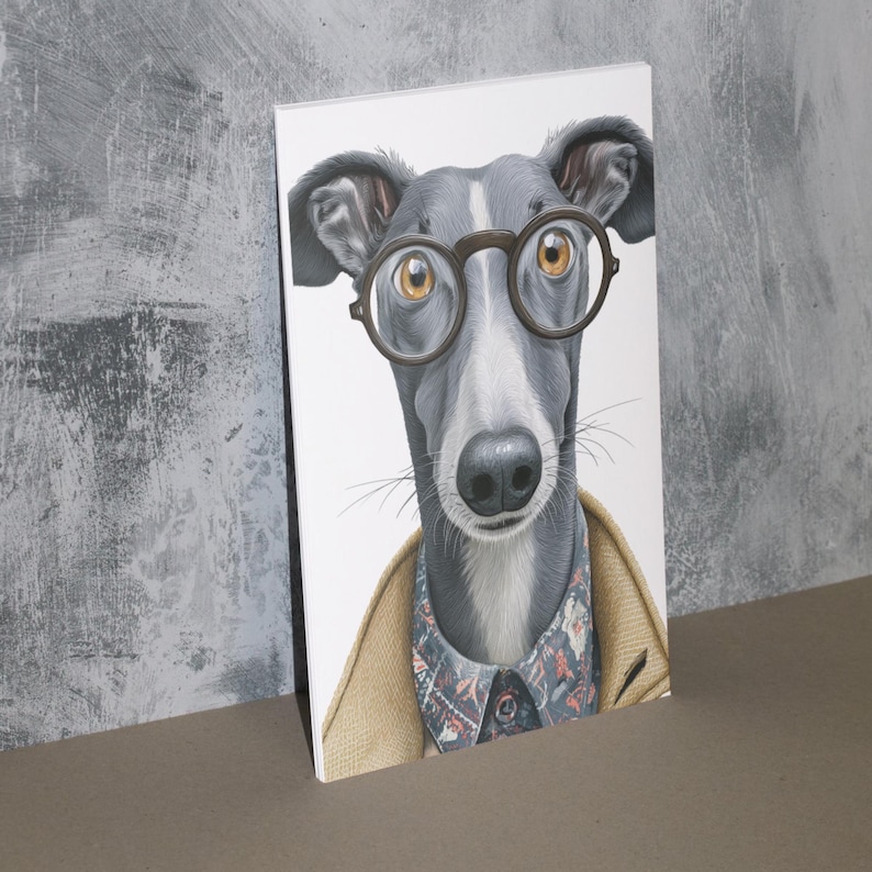 May include: A canvas print featuring a greyhound wearing round eyeglasses, a patterned shirt, and a tan jacket. The dog's fur is grey and white, with brown eyes. The artwork is set against a neutral background.