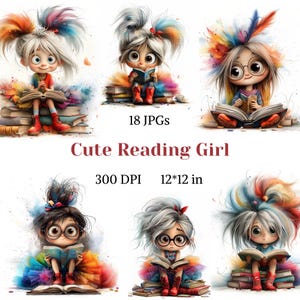 Schattige JPG's van een lezend meisje, paginaset met een boek dat een lezend meisje leest, schattige grappige afbeelding van een meisje, scrapbookingkunst van Junk Journal, digitale download