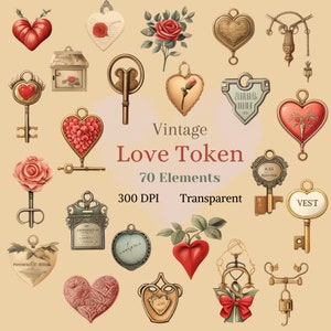 Vintage Love Token ClipArt Rustic Romantic Valentines Art for Couple Key Lock Image Old Style Love Locker Graphic for Card Digital Download
