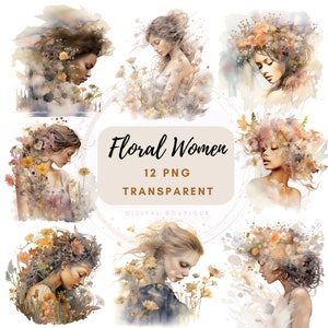 ClipArt di donna floreale, testa di donna acquerello con fiori PNG, illustrazione fantasy di fiori, disegno di testa di ragazza bellissima, bella grafica per capelli