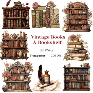 Imágenes prediseñadas de libros y estanterías vintage, estantería de estilo antiguo PNG, imagen de sala de trabajo rústica y romántica, gráficos de libros antiguos, descarga digital
