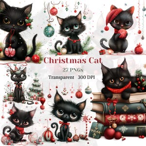 Navidad gato clipart acuarela transparente PNG Noel invierno animal gráfico vacaciones festivas mascota dibujo negro gato imagen noel regalo chuchería
