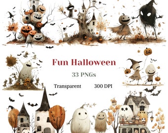 Fun Halloween Clipart PNG – Cute Watercolor Kids in Costumes, Quirky Funny Art, Transparent Halloween Graphics for Teachers & Crafters