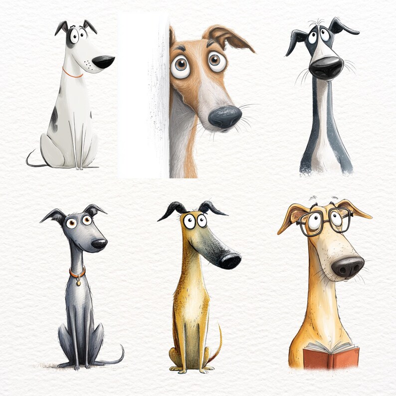 May include: A collection of six cartoon greyhounds in various poses. The dogs are depicted with exaggerated features and expressions, showcasing a range of colors including white, black, grey, and tan. One dog wears glasses and reads a book, while another peeks from behind a white surface.