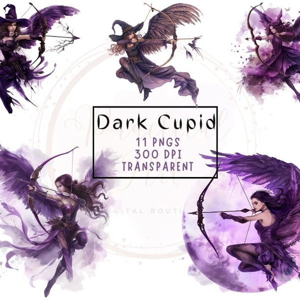 Dark Cupid ClipArt Watercolor PNG Wonder Woman Graphic Fantasy Witch Warrior Drawing Women's Power Image Arrow Valentine Bow purple black