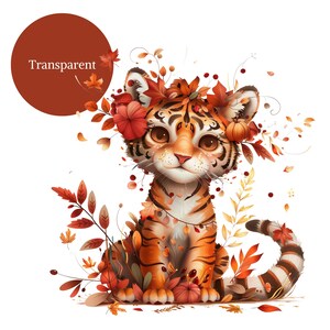 Pu&ograve; includere: Un adorabile cucciolo di tigre dei cartoni animati con una corona di foglie autunnali e fiori. La tigre &egrave; seduta su un letto di foglie e fiori.