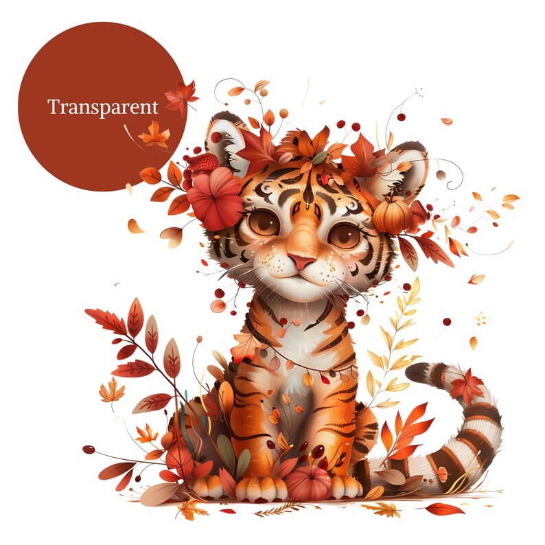 Pu&ograve; includere: Un adorabile cucciolo di tigre dei cartoni animati con una corona di foglie autunnali e fiori. La tigre &egrave; seduta su un letto di foglie e fiori.