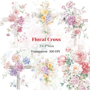 Könnte beinhalten: Aquarellillustrationen von Holzkreuzen, die mit farbenfrohen Blumenarrangements geschmückt sind. Die Kreuze sind mit rosa, lila, gelben und weißen Blumen verziert. Der Text "Floral Cross" wird in Rot angezeigt, zusammen mit Details zu den PNG-Dateien.