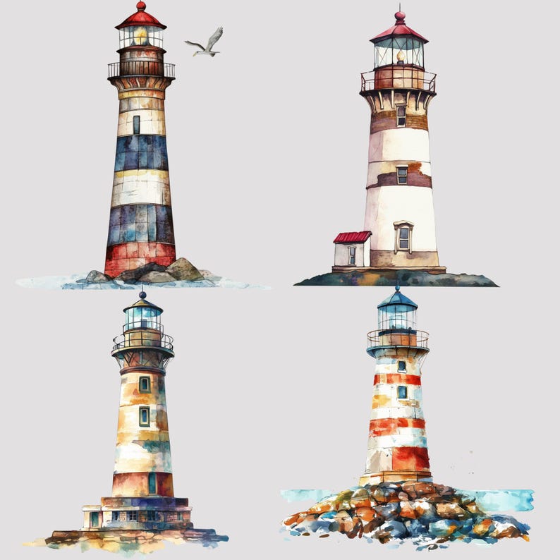 May include: Watercolor illustration of four lighthouses. Each lighthouse has a different design, with varying colors including red, white, blue, and brown. The lighthouses are set on rocky bases, with a seagull flying near one.