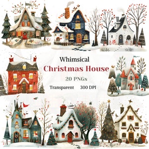 Fantasierijke kersthuisjesclipart, aquarel wintervakantie PNG, afbeelding van een Noelhuisje, kerstknutsels en decoraties, digitale download, afdrukbaar