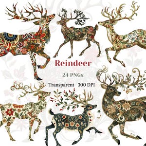 ClipArt di renne, PNG di renne, grafica di cervi di Natale, disegno di renne floreali rustiche, arte di animali della foresta vintage, altamente dettagliata, digitale