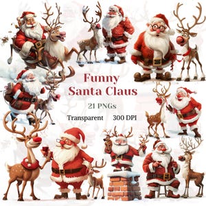 Grappige Kerstman Clipart transparante grillige eigenzinnige Santa afbeelding Noel Winter grafische feestelijke feestdagen tekening Kerstmis schoorsteen rendieren