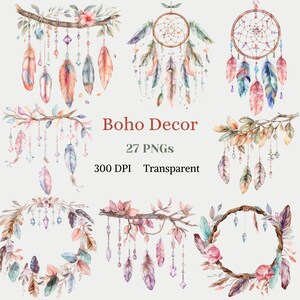Clipart di decorazioni boho, ramo di piume acquerellato in formato PNG, grafica decorativa con ghirlanda acchiappasogni, disegno con cornice bohémien, pastello, download digitale