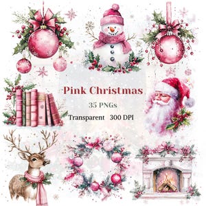 Pink Christmas Clipart Watercolor Transparent PNG Festive Noel Winter Graphic Glittering Holidays Image Elegant Pretty Drawing Cute Ornament