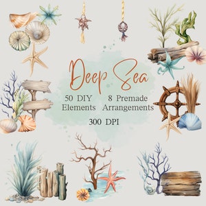 Könnte beinhalten: Aquarell-Illustrationen von Muscheln, Seesternen, Korallen, Treibholz und nautischen Elementen. Die Illustrationen sind in Braun-, Blau-, Grün- und Beigetönen gehalten. Der Text "Deep Sea" ist in einer dekorativen Schrift geschrieben. Der Text "50 DIY Elements", "8 Premade Arrangements" und "300 DPI" ist ebenfalls enthalten.