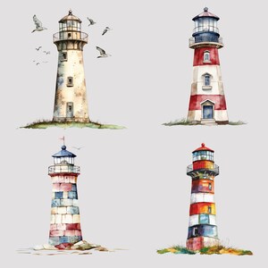 May include: Watercolor illustration of four lighthouses. Each lighthouse has a different design, with varying colors including red, white, blue, and tan. Seagulls are flying around the lighthouses, adding a nautical theme.