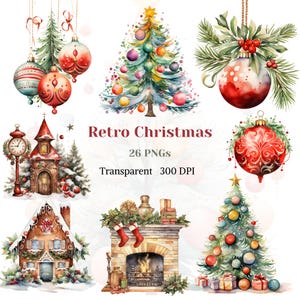 Clipart di Natale retrò Acquerello PNG trasparente Noel Decorazione invernale Grafica Festività disegno Immagine di ornamento retrò Albero vintage