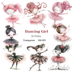Clipart de niña bailando, niña bailarina rosa PNG, imagen de niña adorable, gráfico para baby shower, dibujo de decoración de guardería, descarga digital
